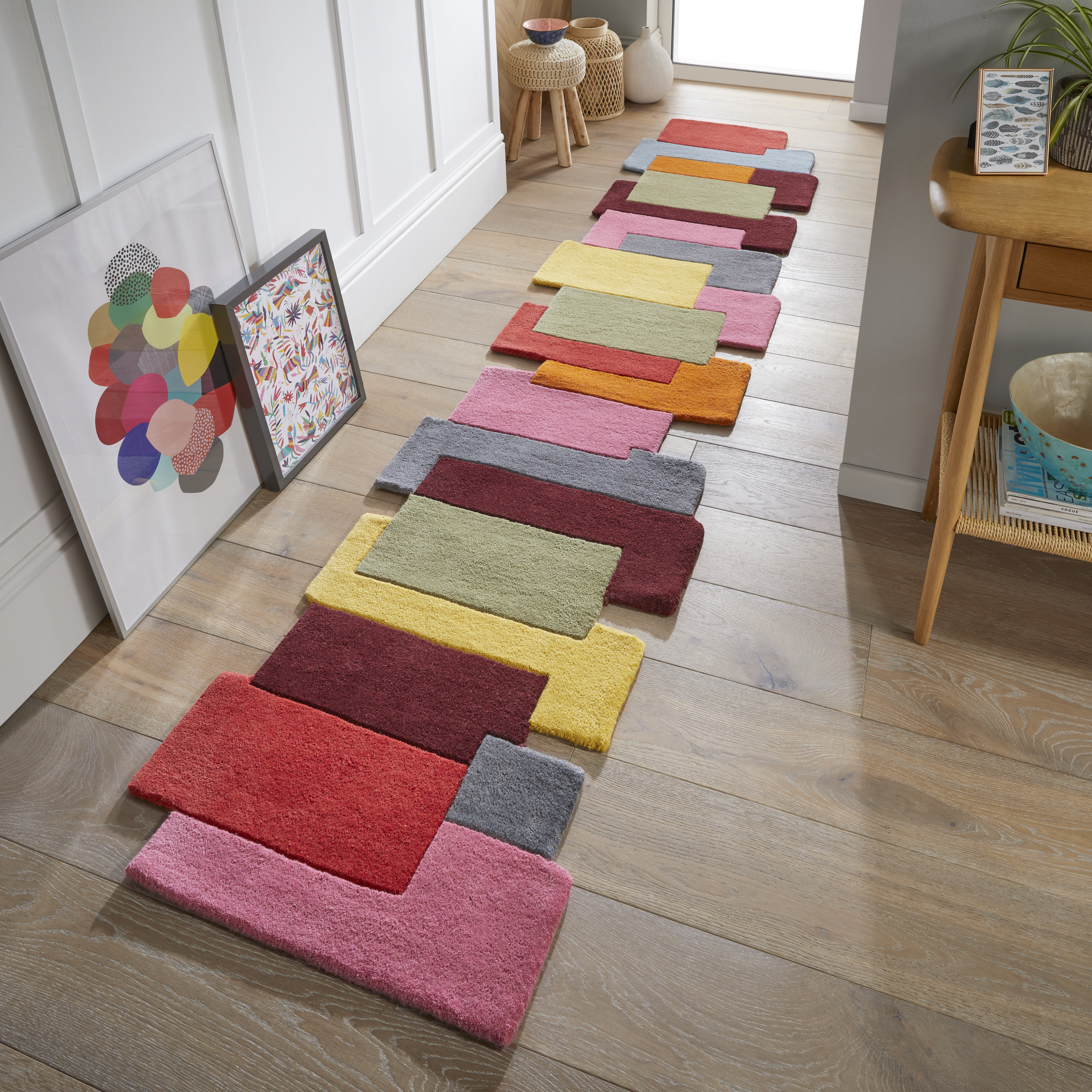 Palette Geometric Colour Block Wool Runner Rug In Multi